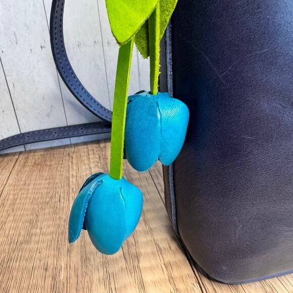 Leather Bright Blue Tulip Purse Charm Genuine Leather Tulip Flower Bag Charm - Picture 2 of 6